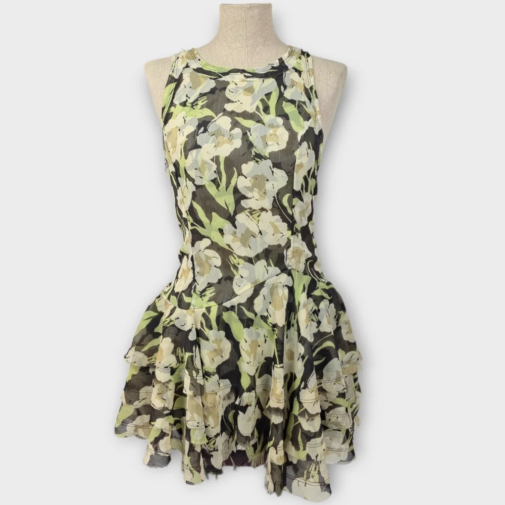 Free People Raven Printed Mini Dress Black Coffee Combo Green Floral S NWT $128 - Picture 2 of 15